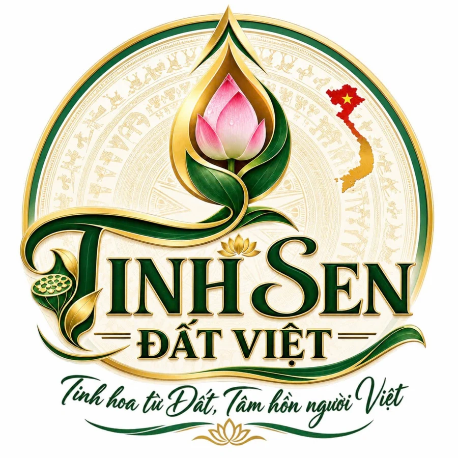 Logo Tinh Sen Đất Việt với hoa sen hồng, đường nét xanh vàng, họa tiết trống đồng và bản đồ Việt Nam